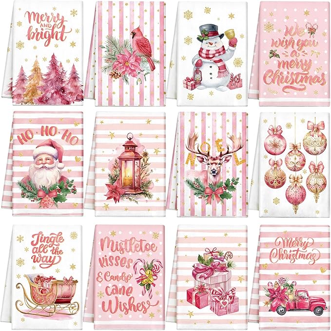 12 Pcs Christmas Kitchen Towels and Dishcloths Absorbent Christmas Tree Reindeer Truck Hand Dish Towels Decoration for Xmas Home Gift Supplies, 14.2 x 21.3 Inch(Stylish Style)