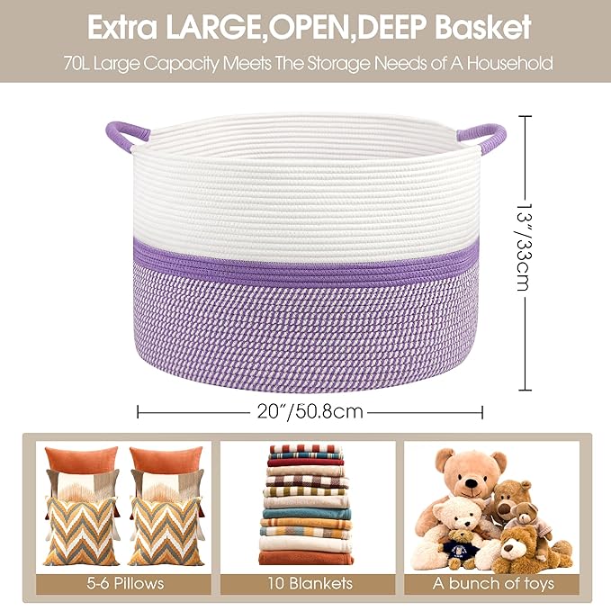 Laundry Basket,20''x13''Large Woven Cotton Rope Storage Basket,Nursery Laundry Hamper,Blanket Basket for Living Room;Kids hamper,Multi-Purpose Organizer for Laundry,Toys(White and Purple)