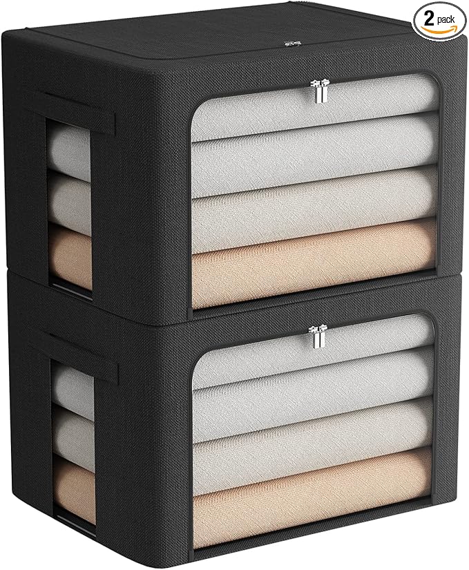 2 Pack Clothes Storage Bins Stackable Metal Frame Storage Box Foldable Linen Fabric Box Organizer with Carrying Handles and Clear Window (Black, 15.7x 11.8x 11.7 Inch)