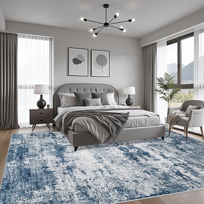 8x10 Area Rug Living Room Rug: Washable Modern Abstract Soft Thin Rug Indoor Floor No Slip Stain Resistant Carpet for Bedroom Dining Room Farmhouse Nursery Home Office - Blue