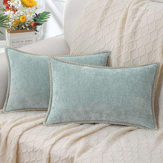 decorUhome Chenille Soft Throw Pillow Covers 12x20 Set of 2, Lumbar Velvet Farmhouse Neutral Decorative Euro Pillow Covers with Stitched Edge for Couch Sofa Bed Home Decor, Aqua Haze