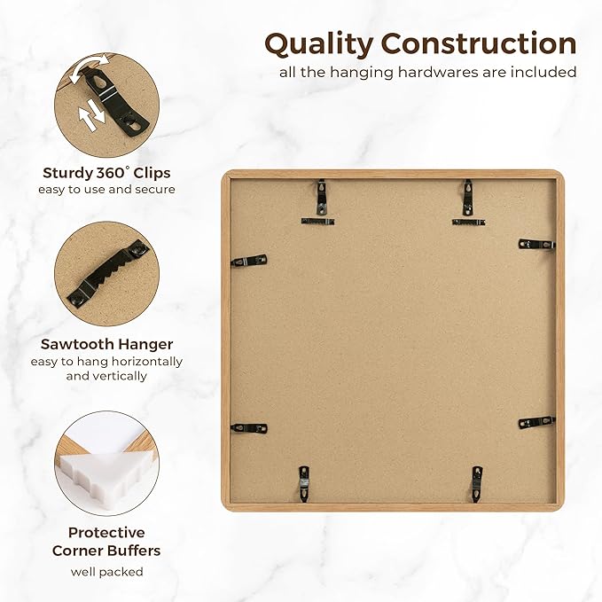 16x16 Picture Frame, Square 16 by 16 Frames for Wall - Solid Oak Wood & Tempered Glass, 16 x 16 Wood Frame Matted to 12 x 12, Square Picture Frame 16"x16" for Home Decor, Natural Oak Color, 1 Pack