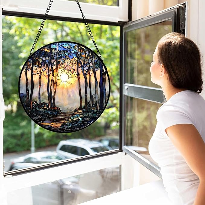 Stained Glass Window Hanging, Forest Sunrise Smoke Blue Brown Tree Suncatcher for Doors Window Home Landscape Sun Catchers Decor Mother's Day Birthday Gifts for Women, Men Mom 6.3 in