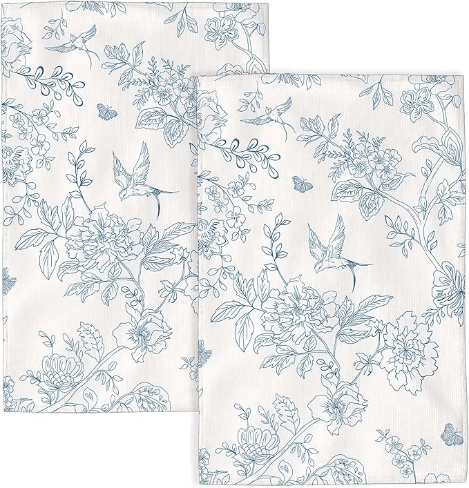 Spring Kitchen Towels 16x24 Inch Navy Blue Chinoiserie Flowers Bird Decor Dish Towels Floral Summer Seasonal Decoration Hand Towels Absorbent Dish Cloths for Home Kitchen Dining Set of 2