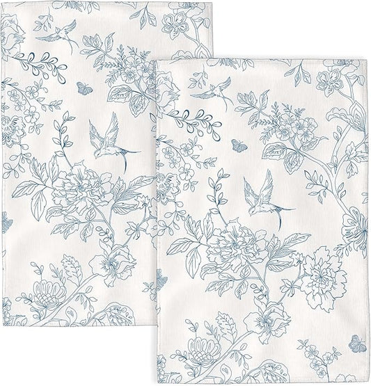 Spring Kitchen Towels 16x24 Inch Navy Blue Chinoiserie Flowers Bird Decor Dish Towels Floral Summer Seasonal Decoration Hand Towels Absorbent Dish Cloths for Home Kitchen Dining Set of 2