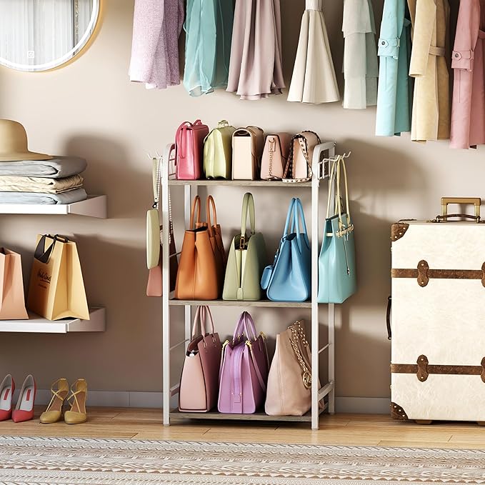 White Purse Organizer, 3-Tier Floor Standing Bag Rack Stand Featuring Side Hooks and Baskets, Adjustable Feets, High Capacity Metal & Wood Handbag Holder Design for Closet Storage, Patent Pending