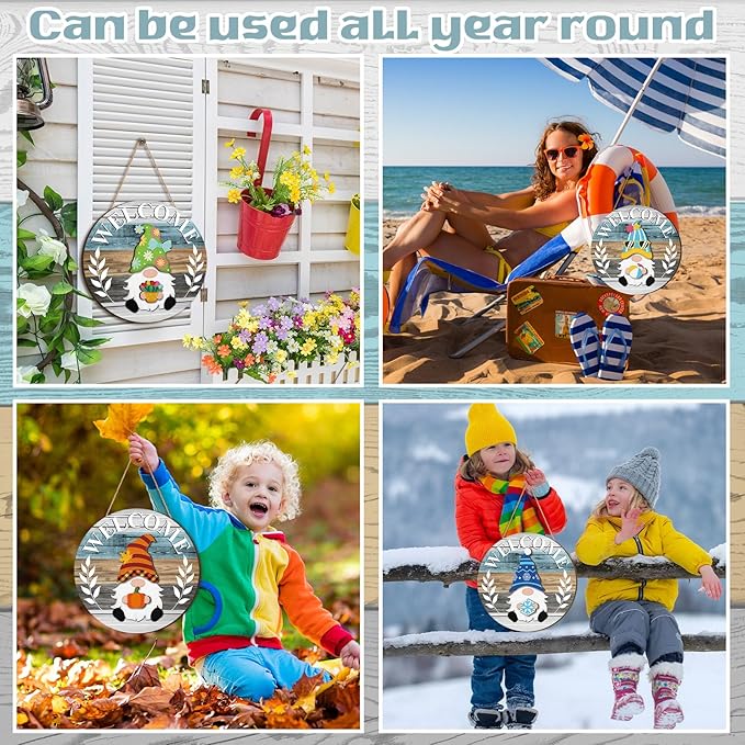 Qunclay Interchangeable Wooden Gnome Decor Holiday Seasonal Gnome Decorations with Magnet Pieces and Detachable Hats Changeable Welcome Sign for Home(Cute Style)