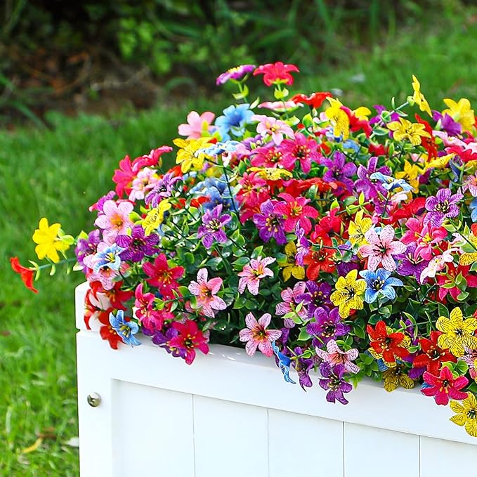 SHareconn 40 Bundles Artificial Flowers for Outdoors Spring Decoration, Fake Silk Realistic Faux Plants UV Resistant for Outdoor Planter Porch Patio Summer Outside Decor, RedRosyPurpleBlueYellowPink