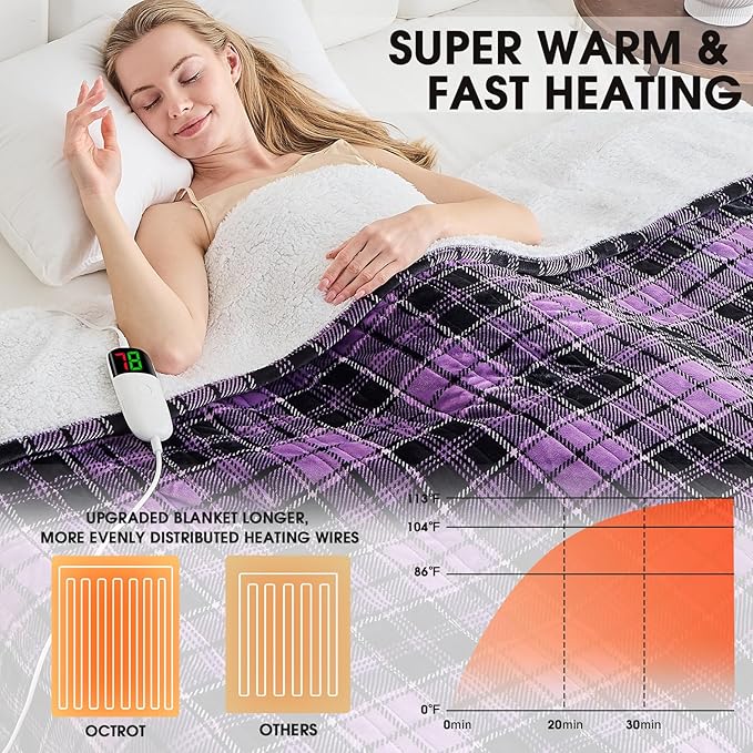 Heated Electric Blanket King Size, 90X100 Heating Blanket King with Dual Control&10 Heats Levels&Timer for Bed,Large Purple Plaid Sherpa Blankets Warmer Gifts for Grandma Women Adults, Washable,ETL