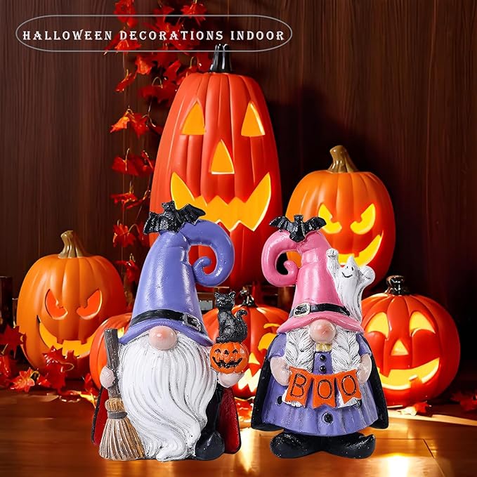 Halloween Decorations | Set of 2 Halloween Gnomes Decorations for home | Tomte Swedish Gnomes Resin Figurines for Indoor & Outdoor Garden Fall Gnome Table Centerpiece, Autumn Party Decor 4.2 "H