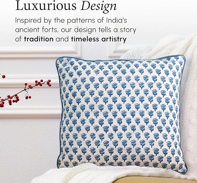 CPC 100% Cotton Throw Pillow Covers 18x18 Inch, Set of 2 Blue Block Print Pattern Couch Pillow, Cute Boho Decorative Pillows for Living Room, Bedroom with Hidden Zipper- Apatite Blue