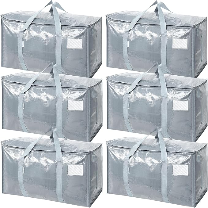 TICONN 6 Pack Extra Large Moving Bags with Zippers & Carrying Handles, Heavy-Duty Storage Tote Moving Boxes for Space Saving (6 Pack, Light Grey)