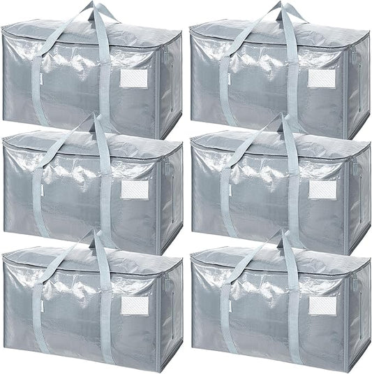 TICONN 6 Pack Extra Large Moving Bags with Zippers & Carrying Handles, Heavy-Duty Storage Tote Moving Boxes for Space Saving (6 Pack, Light Grey)