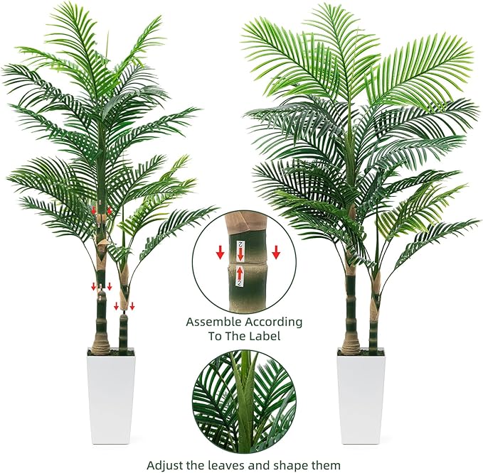 6ft Artificial Golden Cane Palm Tree with LED Fairy Lights & White Tall Planter - Lifelike Faux Tropical Palm Plant with Realistic Trunk and Palm Leaves for Home Office Living Room Corner Decor