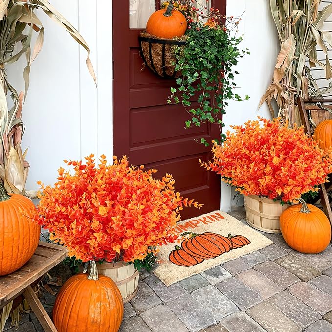 AmyHomie 20 Bundles Orange Fall Decor Artificial Flowers for Outdoor UV Resistant Faux Eucalyptus No Fade Fake Mums Plastic Plants Garden Porch Window Box Decorating