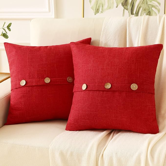 HAUSSY Red Linen Decorative Throw Pillow Covers 22x22 Inch Set of 2,Square Cushion Case with 3 Vintage Buttons,Modern Farmhouse Home Decor for Couch,Bed