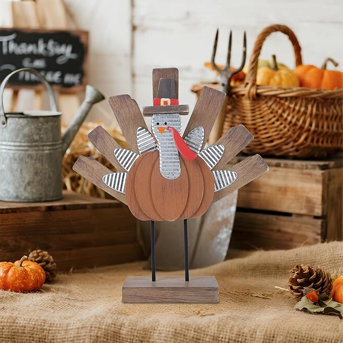 Zcaukya Thanksgiving Turkey Decoration, Wooden Indoor Standing Tabletop Turkey Decor for Home Office Bedroom Kitchen Thanksgiving Harvest Day Decorations