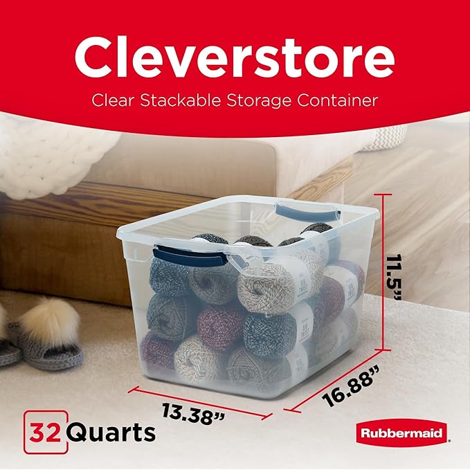 Rubbermaid Cleverstore Clear 30 QT Pack of 6 Stackable Plastic Storage Containers with Durable Latching Clear Lids