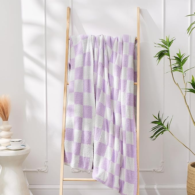 JOOJA Soft Cozy Checkerboard Lilac Blanket - Fluffy Knit Throw Blanket for Couch - Plaid Checkered - 60x80 in