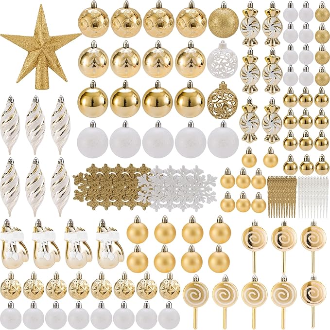 130 Pcs Christmas Ball Ornaments, Christmas Tree Decoration Set Golden Christmas Ball Shatterproof Hanging Ornament Decorations for Christmas Tree, Wreaths, and Outdoor Displays (Golden)