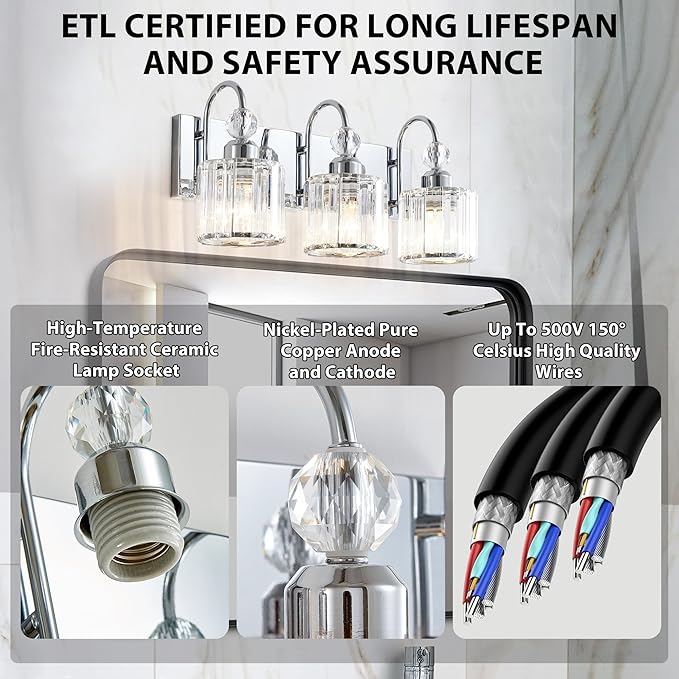 Bathroom Vanity Light Fixtures Over Mirror - Makeup Lighting Chrome - for Modern Wall, Bath, Desk, Farmhouse, Hallway 3 Crystal Lights