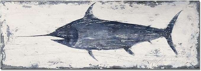 NdcSkyArt Vintage Style Swordfish Wall Art, Nautical Decor for Home & Office, Blue and White Coastal Painting