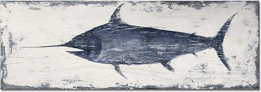 NdcSkyArt Vintage Style Swordfish Wall Art, Nautical Decor for Home & Office, Blue and White Coastal Painting