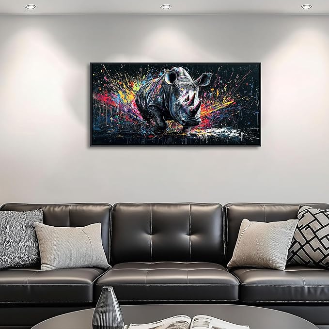QZQCBLC Large Canvas Wall Art - Colorful Abstract Graffiti Pop Street Paintings Artwork Black and White Rhino Pictures for Living room Bedroom Bar Men's Teenager Game Room Modern Home Decor 20X40