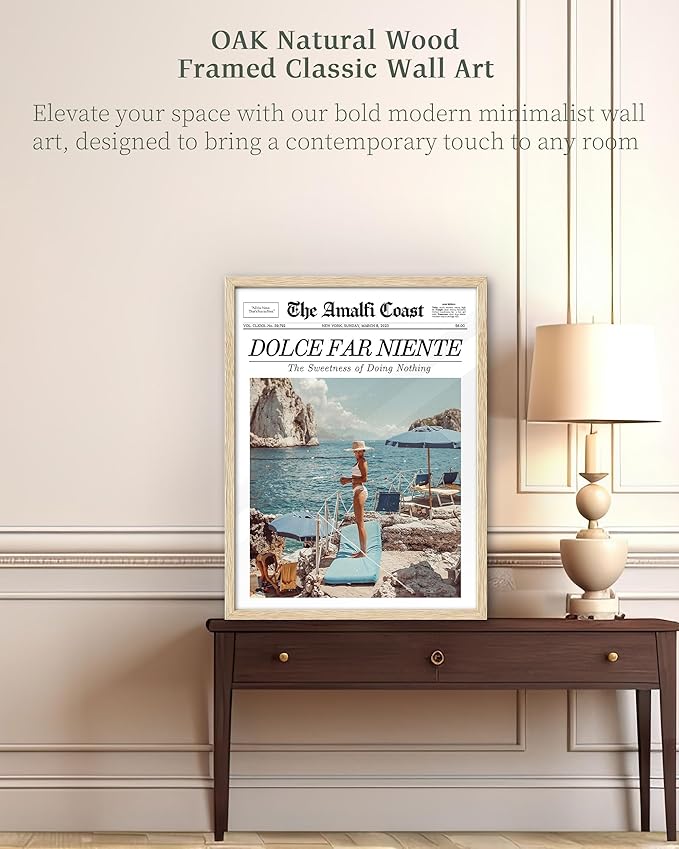 iHery Natural OAK Wood Newspaper Trendy Framed Wall Art, Large Beige 16x20 in Dolce Far Niente Vintage Headline Canvas Wall Art, La Dolce Vita Italian Summer Bedroom Wall Decor Living Room 1Pack