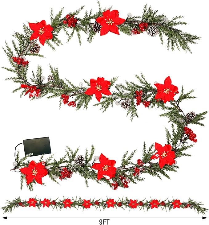 DR.DUDU 9 FT Pre-lit Artificial Christmas Garland with 30 LED Lights, Battery Powered with Pine Cones, Red Berries, Pine Needles, Lighted Christmas Wreath for Holiday Party, Xmas Tree Decorations
