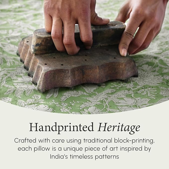 CPC 100% Cotton Throw Pillow Covers 20x20 Inch, Set of 2 Green Block Print Pattern Couch Pillow, Cute Boho Decorative Pillows for Living Room, Bedroom with Hidden Zipper- Olive Green