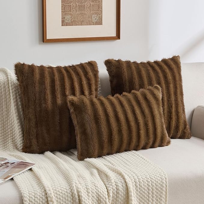 FUTEI Brown Decorative Throw Pillow Covers 16x16 Inch Set of 2,Soft Fluffy Faux Mink Fur Dyeing Striped Textured Cushion Case,Modern Home Decor for Couch Bed Living Room