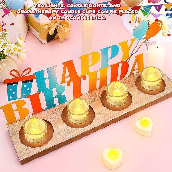 Happy Birthday Candle Holder Set, Tealight Votive Candle Holder Table Decor, 1 Happy Birthday Metal Sign & 1 Wooden Base Candle Tiered Tray, Table Centerpieces for Birthday Party Home Indoor Table