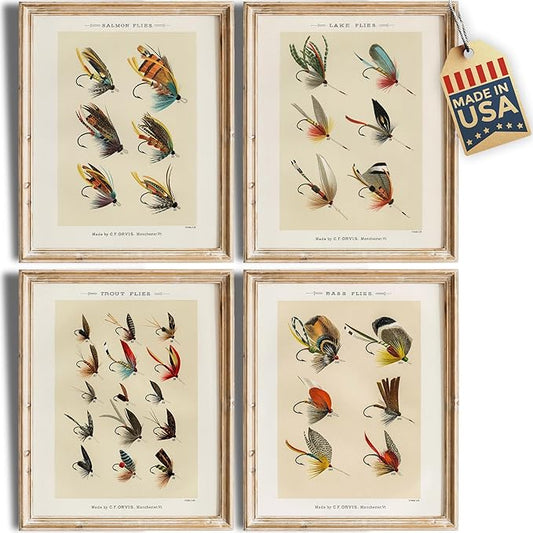 Vintage Fly Fishing Art Prints (Set of 4) - Unframed - 8x10 | Great Gift for Fisherman - Reproductions of Vintage Fishing Lure Drawings - Rustic Decor