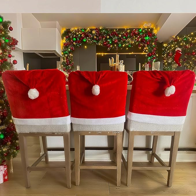 Christmas Chair Covers Hat Chair Back Covers for Xmas Holiday Chair Covers Set of 4, Stretch Parsons Chair Slipcovers Removable Washable Kitchen for Home Hotel Banquet Holiday Decoration