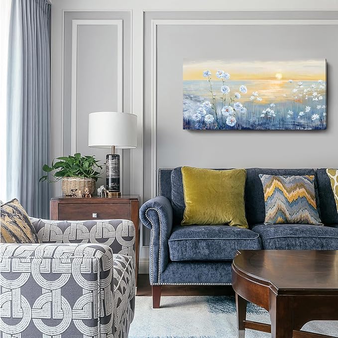 Blue Ocean Sunset Canvas Wall Art for Living Room Abstract Seascape Painting Coastal Beach Wildflowers Picture Natural Sea Landscape Print Sunrise With Yellow Orange Sky Seaside Artwork 20x40inch