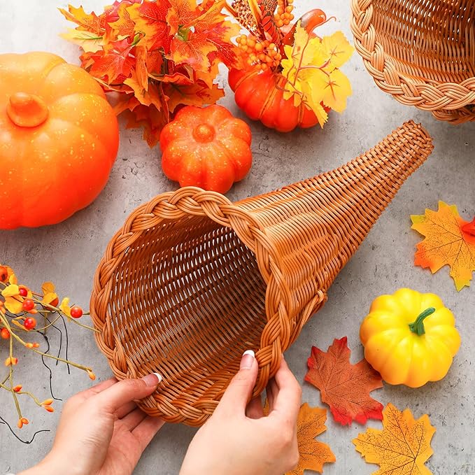 Dandat 6 Pcs Fall Cornucopia Basket 13.78 Inch Thanksgiving Horn of Plenty Autumn Table Decoration Harvest Cornucopia for Thanksgiving Table Centerpieces Fall Party Decorations