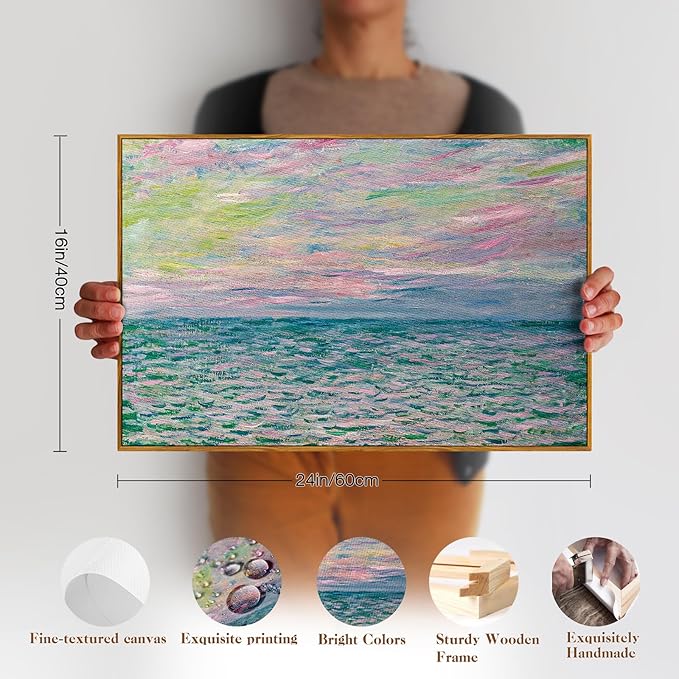 crmotu Framed Canvas Wall Art, Ocean Sunset Vintage Landscape Painting, Sea Dusk Aesthetic Art Prints, Abstract Nature Pictures Wall Decor Living Room Bathroom Bedroom Farmhouse Office Artwork 16x24in