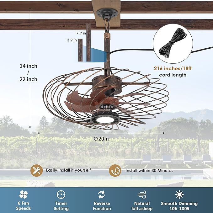 20" Outdoor Ceiling Fan with Light, Waterproof Gazebo Fan Remote Control, Dimmable LED Light, Hanging Black Caged Ceiling Fixtures with Plug in Cord for Patios Pergola, Black Gold