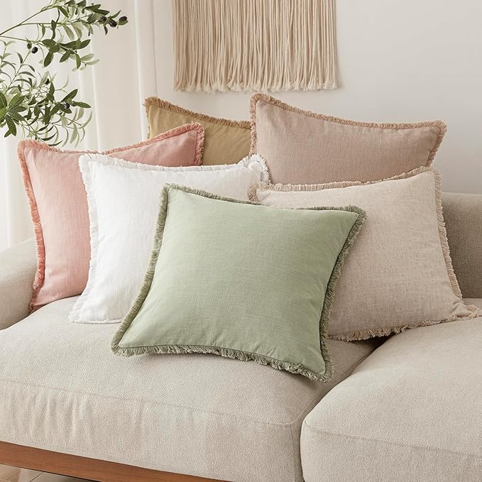 Foindtower Set of 2 Decorative Linen Fringe Throw Pillow Covers Farmhouse Cushion Cover with Tassels Lumbar Accent Pillowcase for Couch Bed Living Room Home Bedroom Decor,12×24 Inch,Light Sage Green