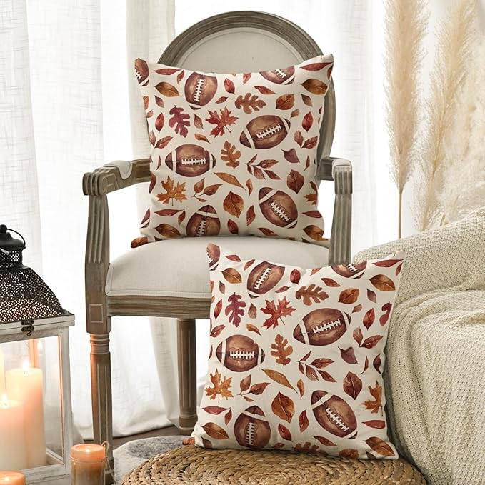 AVOIN colorlife Fall Football Maple Leaves Throw Pillow Covers 18x18 Inch, Seasonal Autumn Thanksgiving Harvest Cushion Case Decoration for Sofa Couch Set of 2