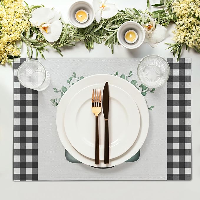 Spring Leaf Placemats 12×18 Inches Set of 4 Eucalyptus Leaf Black White Buffalo Check Seasonal Indoor Kitchen Dining Table Place Mats for Home Party Decoration