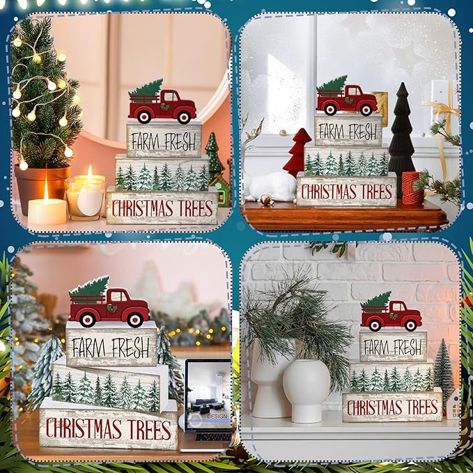 4 Pcs Christmas Decor Wooden Red Truck Winter Tiered Tray Decor Rustic Merry Christmas Table Centerpiece Wood Red Truck Block Sign Gift Farmhouse for Home Kitchen Tabletop Office Shelf