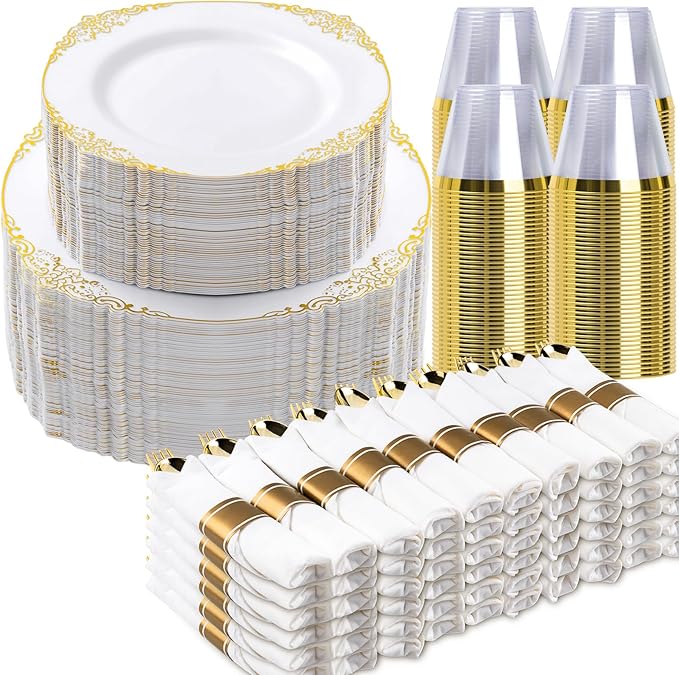 700PCS Gold Plastic Plates for 100 Guests, Disposable Dinnerware Sets Include 200 Gold Rim Plastic Plates, 100 Silverwares, 100 Cups, and 100 Pre Rolled Napkins for Party, Wedding