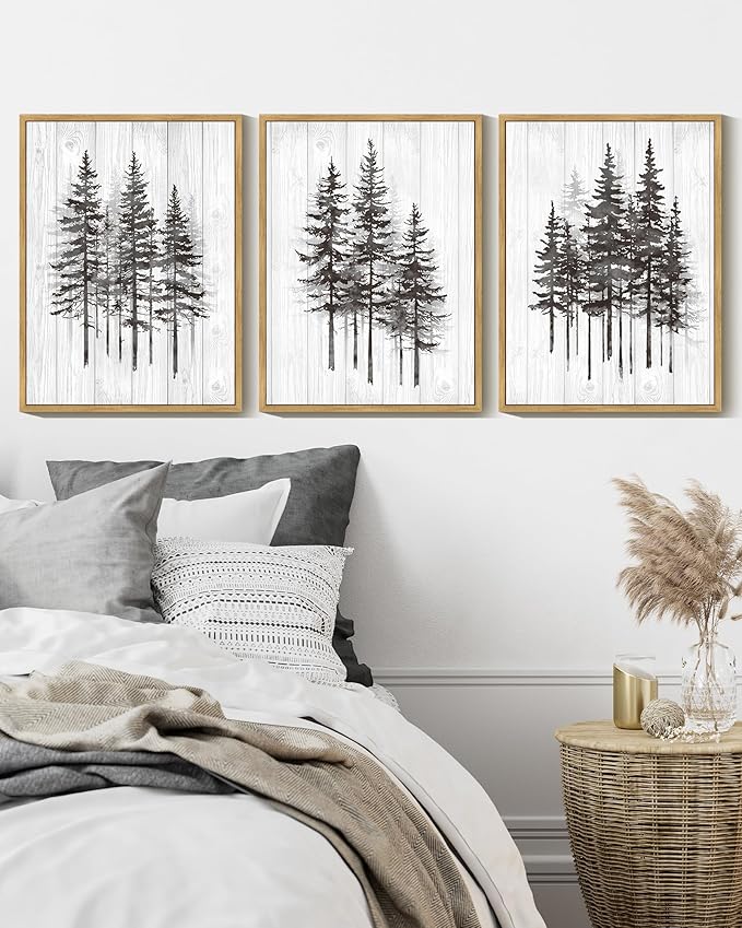 KUVIOKE Modern Pine Tree Framed Wall Decor Nature Forest Wall Decor Vintage Rustic Minimalist Paints for Farmhouse Bedroom Dining Room Decor12x16in (Natural Framed)