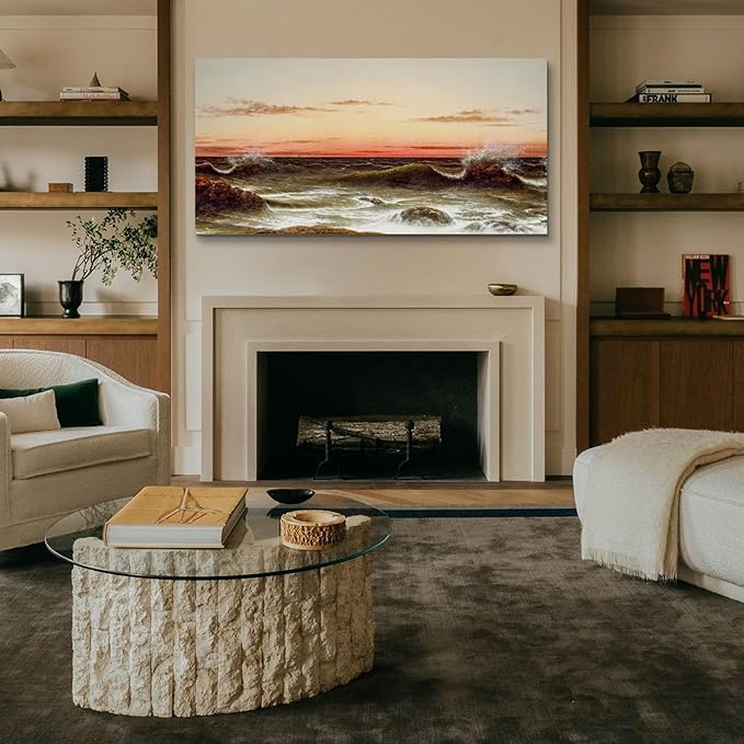 crmotu Large Wall Art for Living Room, Ocean Sunset Vintage Decor Painting, Coastal Landscape Canvas Art Prints, Retro Nautical Scenic Artwork, Beach Wave Pictures Wall Decor Bedroom Office 30"X60"