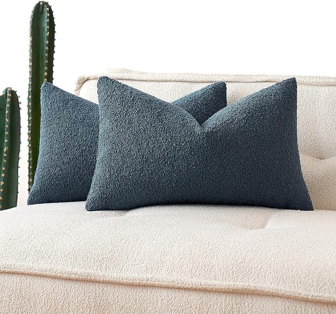 MIULEE 12x20 Inch Decorative Lumbar Throw Pillows for Bed Set of 2 Textured Boucle Neutral Throw Pillow Covers Dark Blue Accent Solid Pillowcase Cozy Soft Sofa Livingroom Home Decor