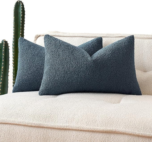 MIULEE 12x20 Inch Decorative Lumbar Throw Pillows for Bed Set of 2 Textured Boucle Neutral Throw Pillow Covers Dark Blue Accent Solid Pillowcase Cozy Soft Sofa Livingroom Home Decor