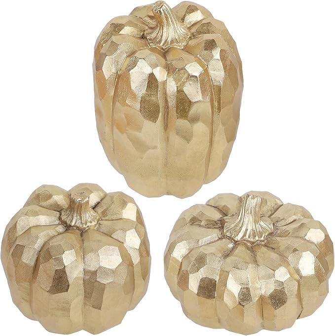 winemana 3 Pack Gold Pumpkins for Decorating – Fall & Thanksgiving Decorations for Home, Table, Fireplace Mantel, Office, Elegant Decorative Pumpkin Autumn Indoor Decor