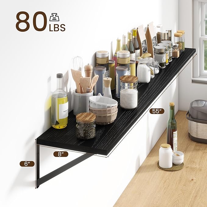 Fun Memories Deep Floating Shelves for Wall, 55W x 8D Wall Mounted Shelves Set of 2, Wide Display Ledge Shelf with Sturdy Metal Brackets for Living Room, Bathroom, Bedroom and Kitchen, Black